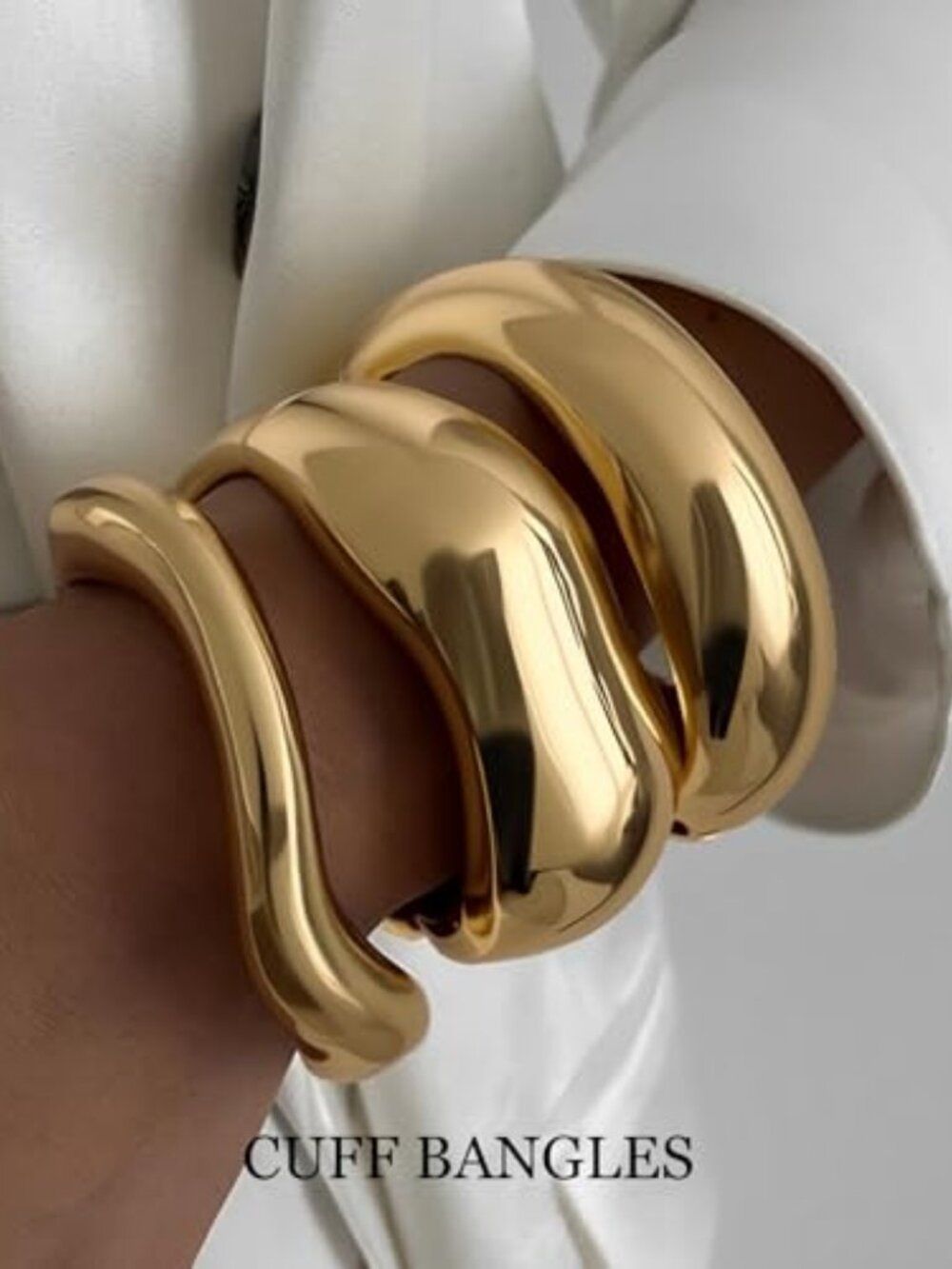 Chunky Gold Bangle Bracelets for Women, 14k Gold Plated Dainty Cuff Stackable